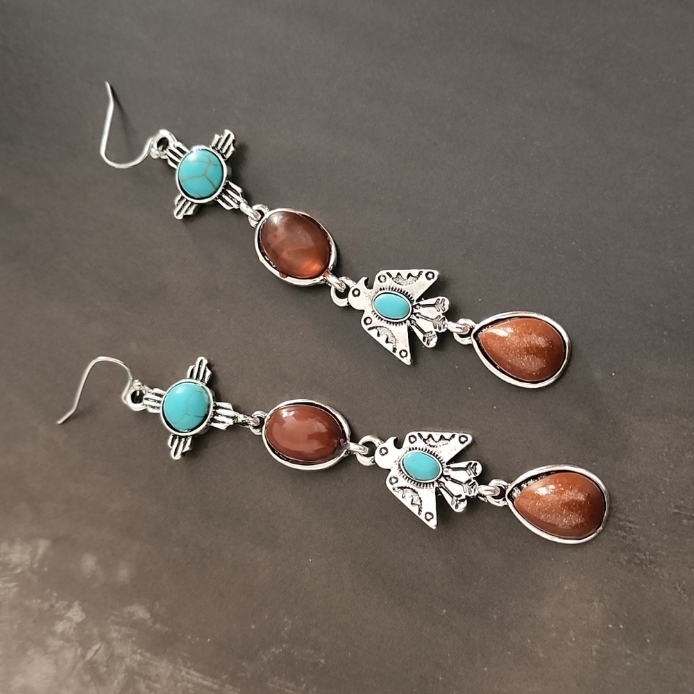 VINTAGE Turquoise Totem Dangle Earrings Boho Tribal Inspired Copper Goldstone - Picture 2 of 13